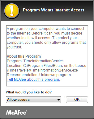 Figure 7: McAfee asking permission to let TimeInformationService.exe establish an outbound connection
