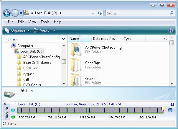 TimeTraveler with Windows Explorer address set to the root of a file system