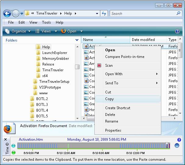 Right-click on the deleted file at the prior point-in-time and select 'Copy'