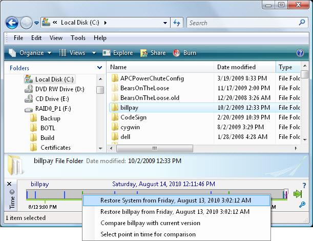 Figure 11: Context menu for a restore point