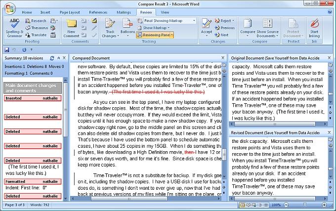 Windows Word showing the differences between the two points-in-time for the selected file.