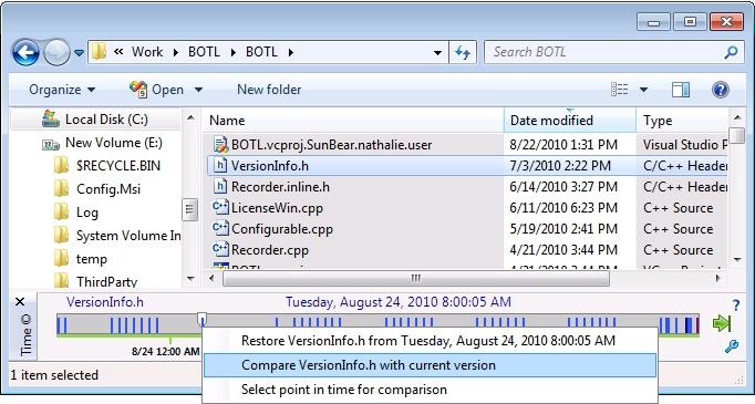Time tick context menu allows you to restore or compare the Windows Explorer selection