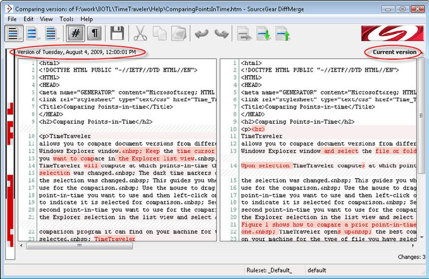 DiffMerge from SourceGear showing the differences between two versions of ComparePointsInTime.htm