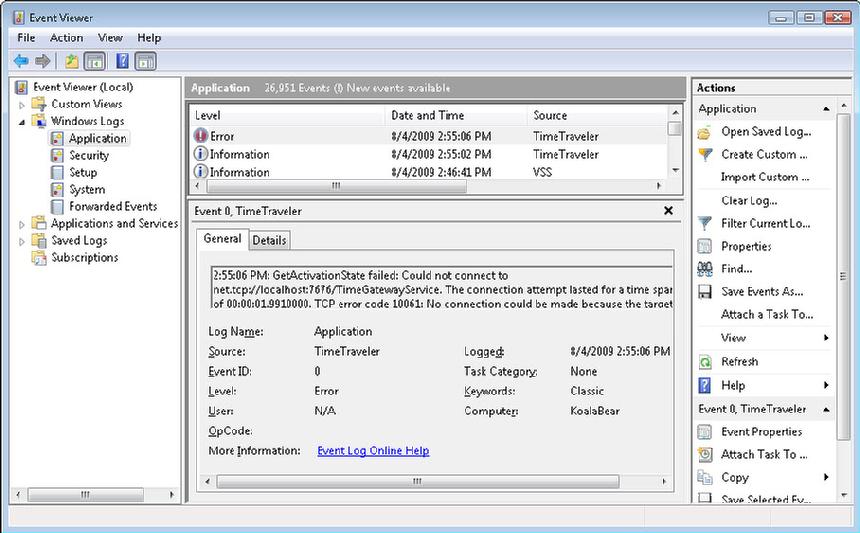 Windows Event Viewer showing an error reported by TimeTraveler